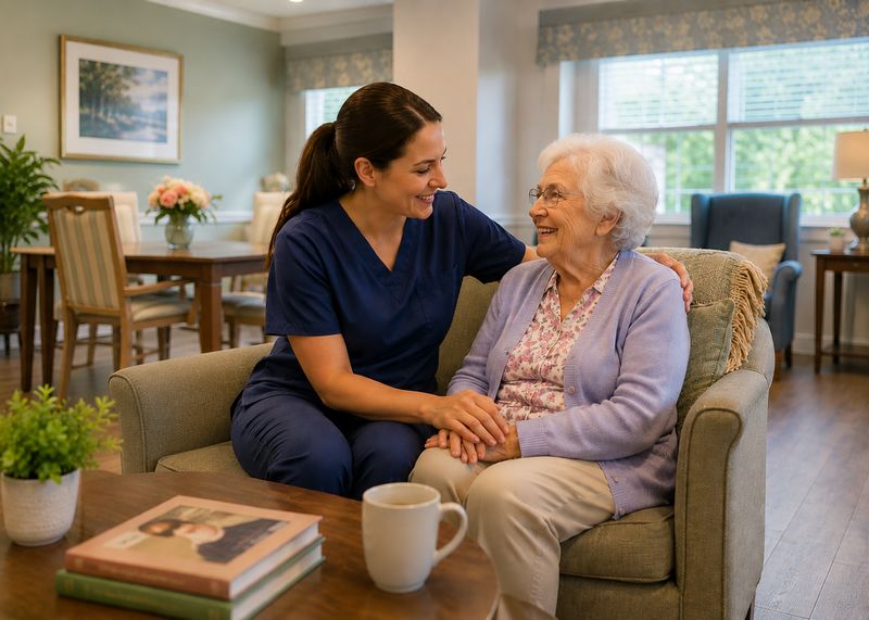 Caring staff with resident at The Waters of Martinsville